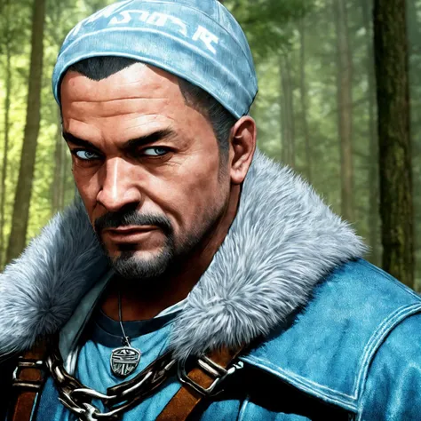 [witcher from witcher wild hunt:cj from GTA SA: 15], full body, close up, looking forward,  edge of forest, cinematic shoot, soft blue light