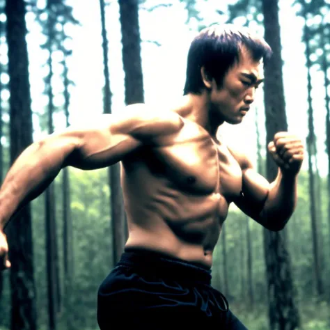 [Bruce Lee from Fist of Fury:Schwarzenegger from Terminator: 25], full body, aggressive, close up, looking forward,  edge of forest, cinematic shoot, soft blue light