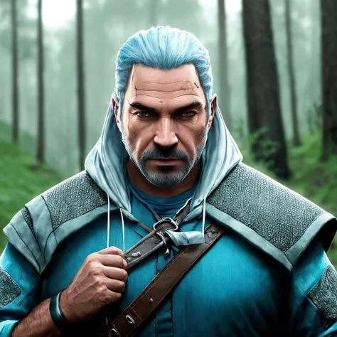 [witcher from witcher wild hunt:CJ from GTA SA: 15], full body, close up, looking forward,  edge of forest, cinematic shoot, soft blue light