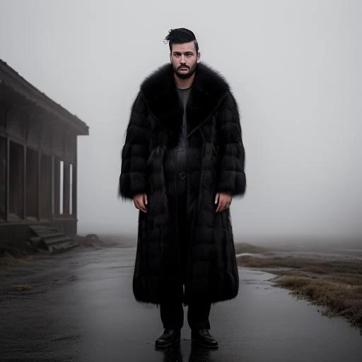 medium shot, professional photo of a man ((in black fox fur coat)), ((fluffy)), slate atmosphere, fog, mist, post-apocalyptic ruins, cinematic, (low-key lighting, dimly light)