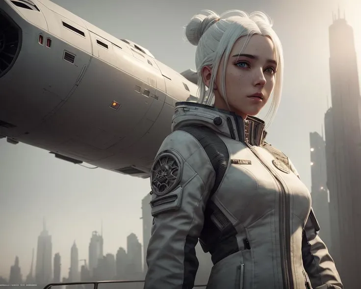 Girl, white hair, 4k, hyperrealism, realistic, render, 3d, artstation, hyperrealistic, high resolution, realistic concept art. spaceship pilot. sense of awe and scale, in the art style of Filip Hodas, a grimdark dystopian cyberpunk post-apocalyptic style, hyperrealistic, full body character concept, artstation, --ar 2:3 --stop 80 --uplight, 35mm lens, cinematic, soft lighting, --ar 1:20,, epic realistic, faded, ((neutral colors)), art, (hdr:1.5), (muted colors:1.2), pastel, hyperdetailed, (artstation:1.5), warm lights, dramatic light, (intricate details:1.2), vignette, complex background, rutkowski, ((intricate details)), hdr, ((intricate details, hyperdetailed))