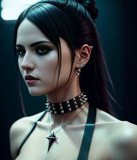 a women, choker with spikes on the neck, NSFW, RAW, analog style, ultra detailed photograph, cinematic lighting, 4k, sharp focus, high resolution, detailed skin, detailed eyes, trending on ArtStation, trending on CGSociety, Intricate, High Detail, Sharp focus, dramatic, photorealistic painting art by midjourney and greg rutkowski