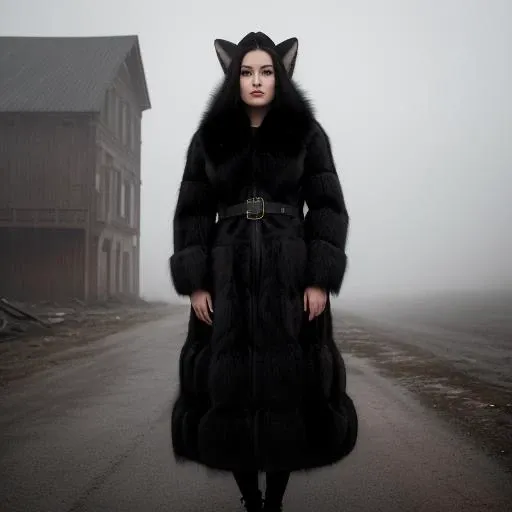 medium shot, professional photo of a woman((in black fox fur coat)), slate atmosphere, fog, mist, post-apocalyptic ruins, cinematic, (low-key lighting, dimly light)