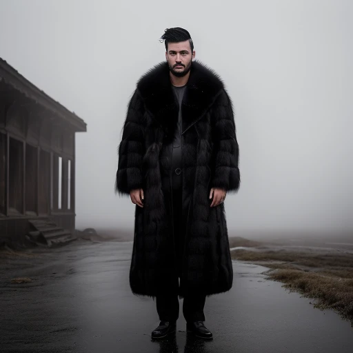 medium shot, professional photo of a man ((in black fox fur coat)), ((fluffy)), slate atmosphere, fog, mist, post-apocalyptic ruins, cinematic, (low-key lighting, dimly light)