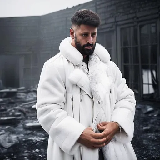 professional photo of a man ((in white fur coat)), slate atmosphere, fog, mist, post-apocalyptic ruins, cinematic, cold ((low-key lighting, dimly light)), scenic view
<hypernet:comandante-main:1.0>, medium shot
