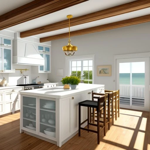 interior 3d render coastal style, with white walls, where the ceiling is curved, kitchen only with bottom cabinets, cabinets of light wood color. There's also a kitchen island with a golden faucet and in front a large white table with wodden chairs with two black bowls on the top. The sun is almost rising