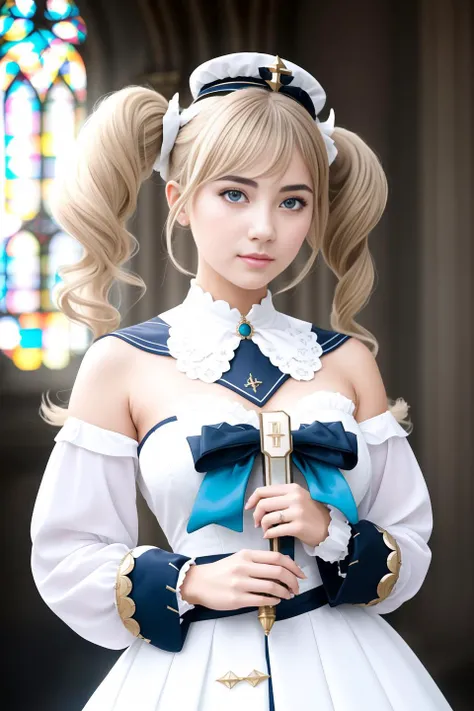 modelshoot style, beautiful portrait of a beautiful innocence cute girl reading the bible inside the cathedral, barbara \(genshin impact\), breasts, solo, cleavage, blue eyes, dress, open mouth, smile, twintails, looking at viewer, bare shoulders, bow, blonde hair, white dress, detached sleeves, long sleeves, drill hair, detached collar, medium breasts, twin drills, vision (genshin impact), bangs, long hair, strapless, book, :d, bowtie, blush, white headwear, strapless dress, hat, white sleeves, hair between eyes, water, expensive textured blue clothing fabric, opened  mouth, [[smirk]], eyebrow up, photography, 8 k, highly detailed, smooth, sharp focus, depth of field, bokeh, colored, moody light,  aesthetic, very inspirational, by artgerm greg rutkowski alphonse mucha, extremely detailed, Nikon D850, award winning photography