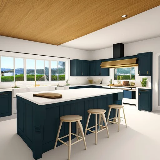 interior 3d render coastal style, with white walls, where the ceiling is curved, kitchen only with bottom cabinets, cabinets of light wood color. There's also a kitchen island with a golden faucet and in front a large white table with wodden chairs with two black bowls on the top. The sun is almost rising