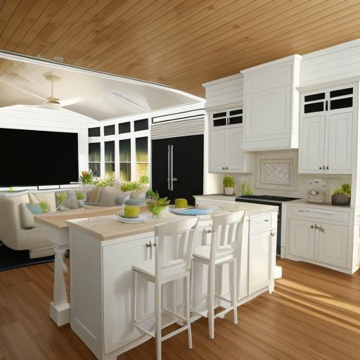 interior 3d render coastal style, with white walls, where the ceiling is curved, kitchen only with bottom cabinets, cabinets of light wood color. There's also a kitchen island with a golden faucet and in front a large white table with wodden chairs with two black bowls on the top. The sun is almost rising