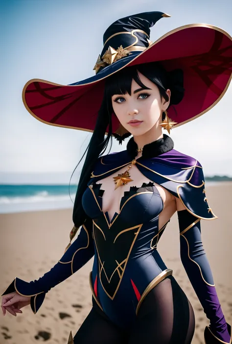 European luxurious girl, (narrow waist: 1.3), wide pelvis, expensive textured blue clothing fabric, (pointed witch hat: 1.5), opened  mouth, [[smirk]], eyebrow up, twintails, leotard, gloves, (legs in black tights: 1.6), black hair, long hair, sky, bodystocking, hands on hips, jewelry, earrings, blue sky, looking at viewer, covered navel, cape, medium breasts, ass visible through thighs, (green eyes: 1.2), choker, bangs, highleg leotard, from below, black gloves, detached sleeves, highleg, elbow gloves, star (symbol), blue leotard, cloud, (fur collar: 1.3), (golden hour: 1.5), day, gold trim, brown pantyhose, star earrings, fur trim, thigh gap, outdoors, standing, purple leotard, on the sandy beach, (full body portrait: 1.5), photography, depth of field, sharp focus, bokeh, colored, moody light,  by Dan Winters, Russell James, Steve McCurry, centered, extremely detailed, Nikon D850, award winning photography