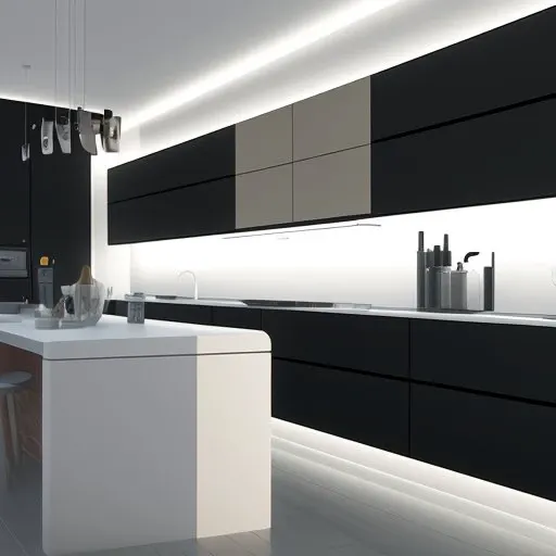 minimalistic cyberpunk kitchen, interior, zaha hadid, wood finish, render, 8k, photorealistic, 3ds max