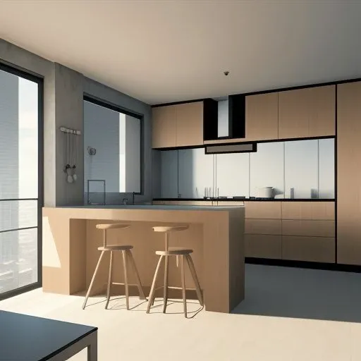 minimalistic cyberpunk kitchen, interior, zaha hadid, wood finish, render, 8k, photorealistic, 3ds max