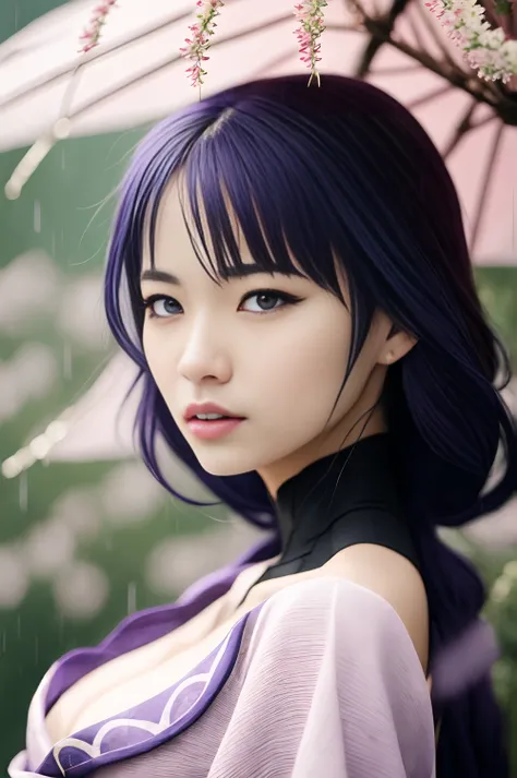 (full-length portrait: 1.5) of a beautiful asian woman against the backdrop of many sakura, (heavy rain: 1.5), raiden shogun, big breasts, cleavage, kimono, bangs, sash, mole, obi, tassel, blush, purple eyes, japanese clothes, long hair, looking at viewer, hand on own chest, hair ornament, purple hair, bridal gauntlets, closed mouth, purple kimono, blue hair, mole under eye, shoulder armor, long sleeves, wide sleeves, mitsudomoe (shape), tomoe (symbol), expensive textured blue clothing fabric, opened  mouth, [[smirk]], eyebrow up, photography, highly detailed, smooth, sharp focus, depth of field, bokeh, colored, moody light,  aesthetic, very inspirational, by artgerm greg rutkowski alphonse mucha, extremely detailed, photo by Canon EOS Rebel T7, 150mm, award winning photography