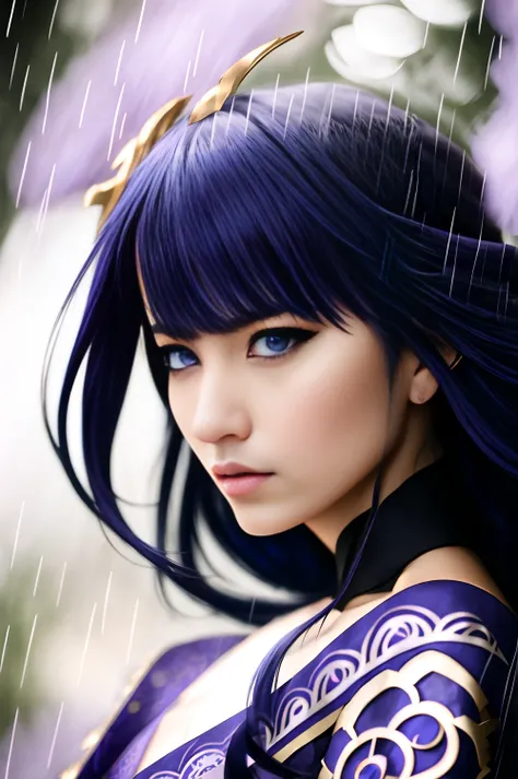 (full-length portrait: 1.5) of a beautiful asian woman against the backdrop of many sakura, (heavy rain: 1.5), raiden shogun, big breasts, cleavage, kimono, bangs, sash, mole, obi, tassel, blush, purple eyes, japanese clothes, long hair, looking at viewer, hand on own chest, hair ornament, purple hair, bridal gauntlets, closed mouth, purple kimono, blue hair, mole under eye, shoulder armor, long sleeves, wide sleeves, mitsudomoe (shape), tomoe (symbol), expensive textured blue clothing fabric, opened  mouth, [[smirk]], eyebrow up, photography, highly detailed, smooth, sharp focus, depth of field, bokeh, colored, moody light,  aesthetic, very inspirational, by artgerm greg rutkowski alphonse mucha, extremely detailed, photo by Canon EOS Rebel T7, 150mm, award winning photography<hypernet:mjv4Hypernetwork_v1:1>