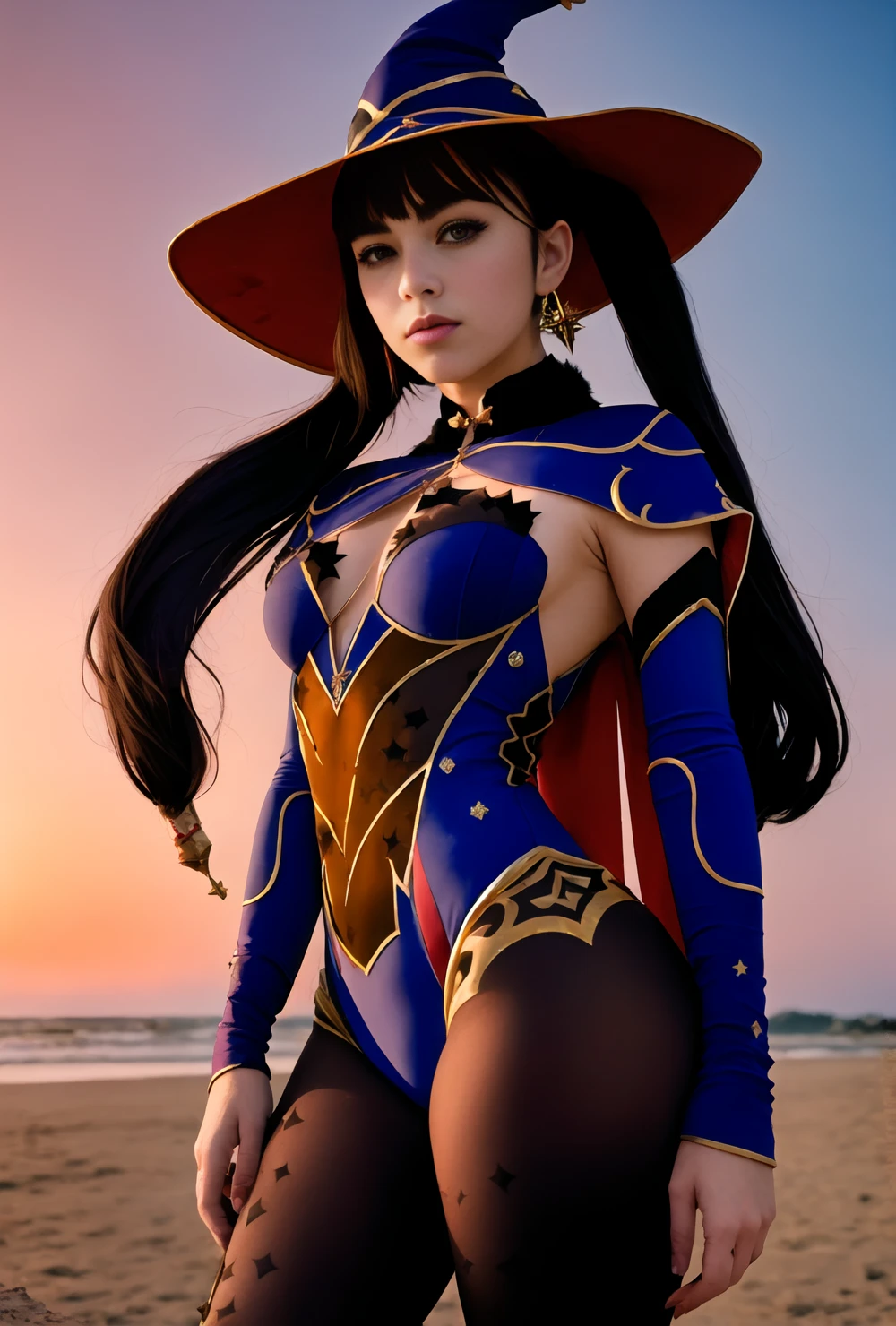 (Caucasian:2) luxurious girl, narrow waist, wide pelvis, (expensive textured blue clothing fabric: 1.3), (pointed witch hat, wide hat brim: 1.5)opened  mouth, [[smirk]], eyebrow up, twintails, leotard, gloves, (legs in black tights: 1.6), black hair, long hair, sky, bodystocking, hands on hips, jewelry, earrings, blue sky, looking at viewer, covered navel, cape, medium breasts, ass visible through thighs, (green eyes: 1.2), choker, bangs, highleg leotard, from below, black gloves, detached sleeves, highleg, elbow gloves, star (symbol), blue leotard, cloud, (fur collar: 1.3), (golden hour, sun glare on clothes: 2), sunset: 1.4, gold trim, brown pantyhose, star earrings, fur trim, thigh gap, outdoors, standing, purple leotard, on the sandy beach, photography, depth of field, sharp focus, bokeh, colored, moody light,  by Dan Winters, Russell James, Steve McCurry, centered, extremely detailed, Nikon D850, award winning photography