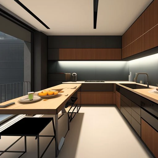 minimalistic cyberpunk kitchen, interior, zaha hadid, wood finish, render, 8k, photorealistic, 3ds max