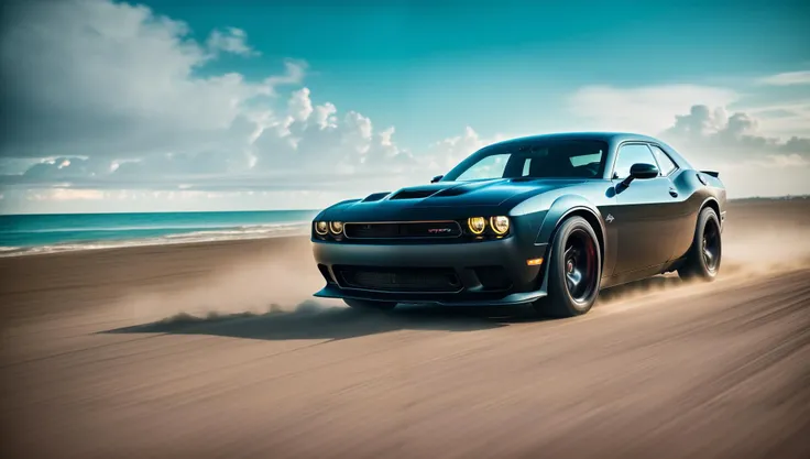 (dark night:1.1) (wide angle up photo:1.05) of one black new dodge challenger hellcat with white rims and drifting at high speed on gravel road with a (large cloud of dust from under the wheels:1.15) and (beach:1.05) and (sea with blue water in foreground:1.3) and (modern city with skyscrapes in background:1.15), star sky, (motion blur:1.35) + styles from xpuct boosty channel