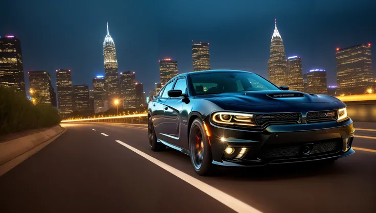 dark night (photo from bottom:1.05) of one black new dodge challenger hellcat with white rims and riding at high speed on dark highway with little bushes around and modern city with skyscrapes, star sky, (high speed motion blur:1.05) + styles from xpuct boosty channel