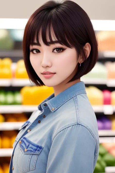 a date with an asian cute slim passionate (twenty five years old) woman in a grocery store, korean thin bangs, european-looking eyes, expressive bright eyes, nose with a high bridge, plump lips, beautiful manicure, natural makeup, good skin-care,ulzzang style, instagram shot,  sharp Chin-length bob haircut, highly detailed,4k textures,   with many sunshines,highly detailed, a date,  (professional shot:1.5), [Ultra HD], (whole body shot: 1.1), (wide angle), Bokeh effect on the background