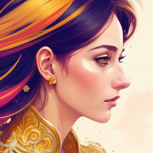 A closeup portrait of a woman, side profile, intricate details, detailed gold frame, illustration, vibrant colors, multihued hair, abstract, by ilya kuvshinov, klaus wittmann