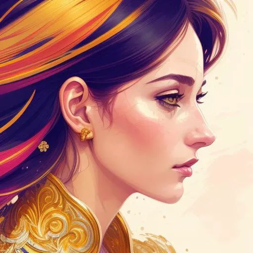 A closeup portrait of a woman, side profile, intricate details, detailed gold frame, illustration, vibrant colors, multihued hair, abstract, by ilya kuvshinov, klaus wittmann