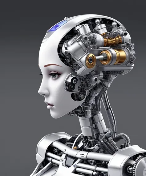 a female robot head contains V8 engine cylinders, a detailed side view, gorgeous face,
