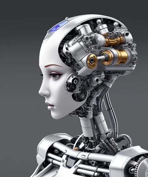 a female robot head contains V8 engine cylinders, a detailed side view,  gorgeous face,