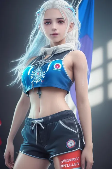 ((Slavic teenager girl)),  white hair, 4k, techwear, hyperrealism, realistic, hyperrealistic, high resolution, spaceship pilot, ((perfect figure)), in the art style of Filip Hodas, post-apocalyptic style, full body character, 35mm lens, cinematic, soft lighting, epic realistic, faded, ((neutral colors)), (hdr:1.5), (muted colors:1.2), pastel, hyperdetailed, warm lights, dramatic light, (intricate details:1.2), complex background, rutkowski, ((intricate details)), ((intricate details, hyperdetailed)), ((blue details)), ((((Polish flag)))), (white clothing) with blue stripes, (smile:1.1), ((by Carne Griffiths)), iron hair clips, 3/4 shot, full-length, dark space in the background, ((NFSW)), naked skin, (tits:0.3), sexual pose, (thin body), slender figure, ((thin figure)), ((ahegao)), (naked tits:1.2),(perky tits: 1.2),  (((sweat))), shiny skin, (sports short shorts:1.3), (pants:1.4), (happy face:1.3), (lookin high quality photo:1.4), (genuine skin:1.4),(detailed skin)
