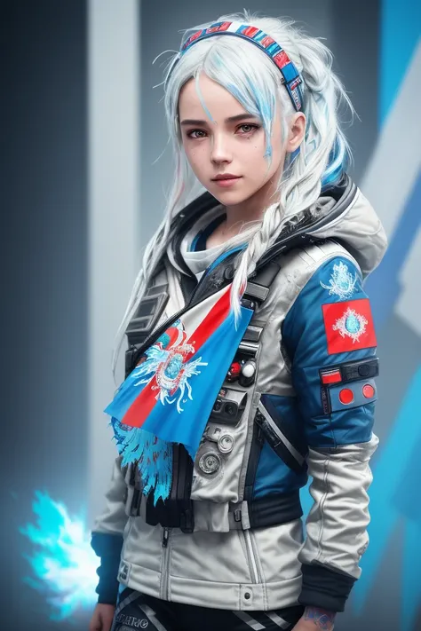 Girl, white hair, 4k, techwear, hyperrealism, realistic, hyperrealistic, high resolution, spaceship pilot, in the art style of Filip Hodas, post-apocalyptic style, full body character, 35mm lens, cinematic, soft lighting, epic realistic, faded, ((neutral colors)), (hdr:1.5), (muted colors:1.2), pastel, hyperdetailed, warm lights, dramatic light, (intricate details:1.2), complex background, rutkowski, ((intricate details)), ((intricate details, hyperdetailed)), ((blue details)), ((((Polish flag)))), (white clothing) with blue stripes, (smile:1.1), ((by Carne Griffiths)), iron hair clips, full-length, dark space in the background, titanfall