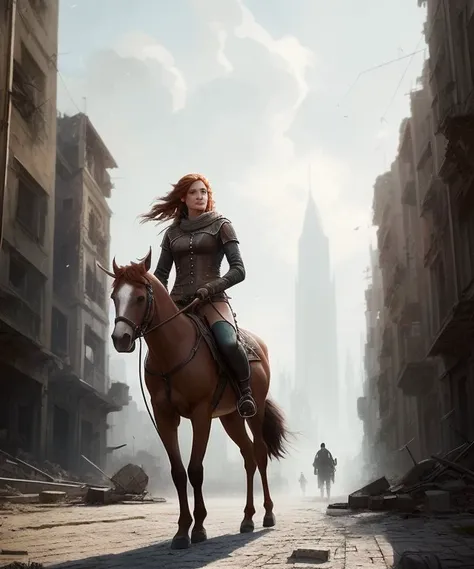 full body shot, centaur, detailed european face, ((((aspiring facial expression)))), ginger hair, ((the ruined city on the background)), NSFW, RAW, analog style, ultra detailed photograph, cinematic lighting, 4k, sharp focus, high resolution, detailed skin, detailed eyes, trending on ArtStation, trending on CGSociety, Intricate, High Detail, Sharp focus, dramatic, photorealistic painting art by midjourney and greg rutkowski