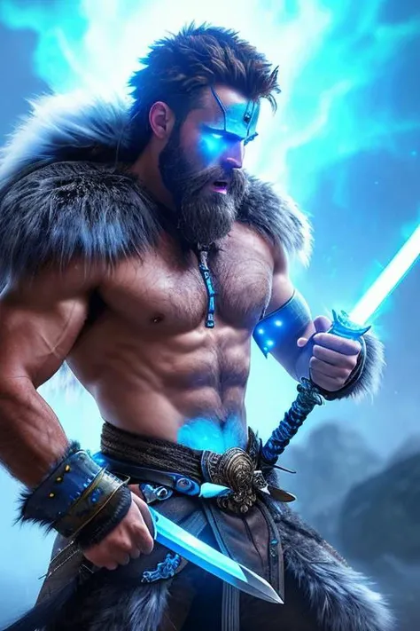 close up photo of Man Warrior with (glowing blue sword:1.2) (in hand:1.2), struggling to remain relevant in age-old battles, with tears in his eyes, screaming, (fur:1.2), (hairy man:1.2), realistic action photo, (((hdr))), hyperdetailed, cinematic, cool lights, intricate details, muscle, perspective view, UHD, 64k, unreal