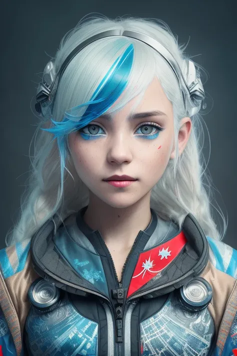 Girl, white hair, 4k, techwear, hyperrealism, realistic, hyperrealistic, high resolution, spaceship pilot, in the art style of Filip Hodas, post-apocalyptic style, full body character, 35mm lens, cinematic, soft lighting, epic realistic, faded, ((neutral colors)), (hdr:1.5), (muted colors:1.2), pastel, hyperdetailed, warm lights, dramatic light, (intricate details:1.2), complex background, rutkowski, ((intricate details)), ((intricate details, hyperdetailed)), ((blue details)), ((((Polish flag)))), (white clothing) with blue stripes, (smile:1.1), ((by Carne Griffiths)), iron hair clips, 3/4 shot, full-length, dark space in the background