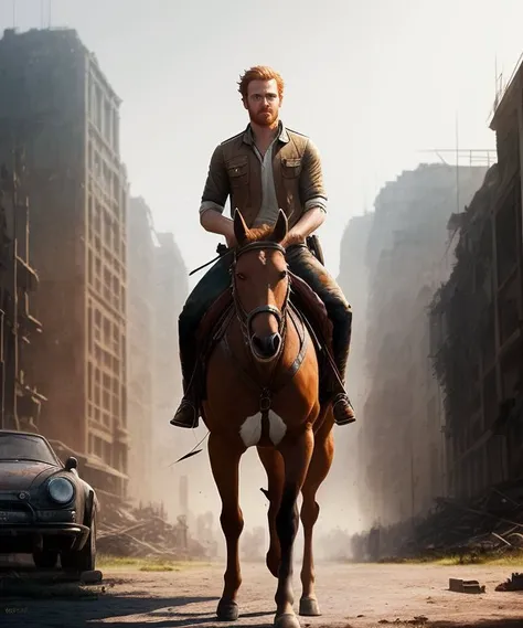 full body shot, centaur, detailed european face, ((((aspiring facial expression)))), ginger hair, ((the ruined city on the background)), NSFW, RAW, analog style, ultra detailed photograph, cinematic lighting, 4k, sharp focus, high resolution, detailed skin, detailed eyes, trending on ArtStation, trending on CGSociety, Intricate, High Detail, Sharp focus, dramatic, photorealistic painting art by midjourney and greg rutkowski