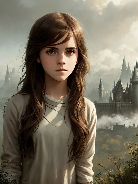 Emma Watson as Hermione Granger in Harry Potter, bushy brown hair and brown eyes, long hair, harry potter movies style, ((detailed facial features)), (((full body))), (hogwarts on background), ((((cinematic look)))), soothing tones,intricate scene, insane details, intricate details, hyperdetailed, low contrast, soft cinematic light, dim colors, exposure blend, hdr, faded, slate atmosphere, Studio Ghibli, ArtStation, CGSociety, Intricate, High Detail, Sharp focus, painting art by Jakub Rozalski and Greg Rutkowski