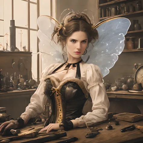 modelshoot style close sitting woman ((victorian inventor)) at workbench,in workshop,steampunk headware,busty,(((fairy wings))),tools, hammer, pliers, busy, bench, candlelight jeweler, loupe, microscope,((makeup tutorial)), , leather halter,golden ratio,voluminous wavy hair,victorias secret,earthy, grunge teardrop breasts,smoky, hazy, theratio, movement, flow, pensive, unity 8k,j scott campbell, complex background, high details, skin pores, canon 5d