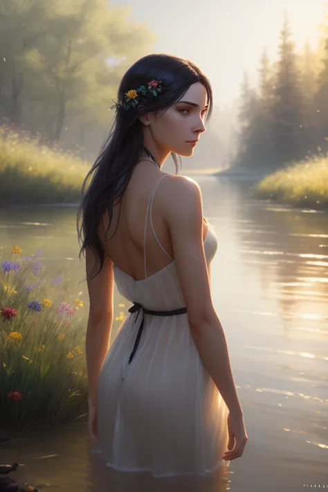 full body, portrait of a cute woman, she is standing waist-deep in the river, a wet translucent nightgown, a wreath of wild flowers floats along the river, a beautiful sweet face, a shy smile, reeds, (backlighting), realistic, masterpiece, highest quality, lens flare, shade, bloom, [[chromatic aberration]], highly detailed, digital painting, smooth, sharp focus, illustration, unreal engine 5, 8 k, art by artgerm and greg rutkowski and Jeremy Lipking, and Antonio J. Manzanedo, digital painting