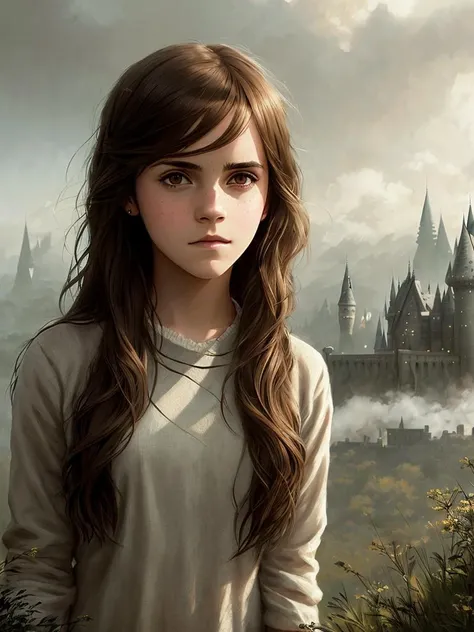 Emma Watson as Hermione Granger in Harry Potter, bushy brown hair and brown eyes, long hair, harry potter movies style, ((detailed facial features)), (((full body))), (hogwarts on background), ((((cinematic look)))), soothing tones,intricate scene, insane details, intricate details, hyperdetailed, low contrast, soft cinematic light, dim colors, exposure blend, hdr, faded, slate atmosphere, Studio Ghibli, ArtStation, CGSociety, Intricate, High Detail, Sharp focus, painting art by Jakub Rozalski and Greg Rutkowski