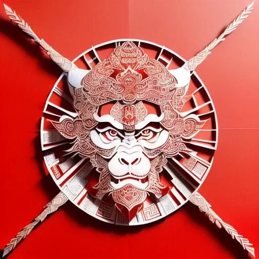 (((masterpiece))), best quality,
((Chinese paper-cut art of sunwukong)), ((Chinese paper-cut)), ((complicated paper-cut with many paper layers)), ((every paper layer with shadows)), (round red background paper), single color on each paper layer, front light, (((detailed handsome face))), monkey king, jingubang
