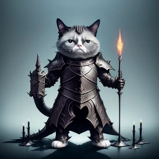 full body grumpy cat as dragon knight shining armour, D&D, 3d liquid detailing fluid acrylic concept art, dark vibes, satanic ritual, art by animated+ artgerm and greg rutkowski (cel shading)++ anime++ pixar++
