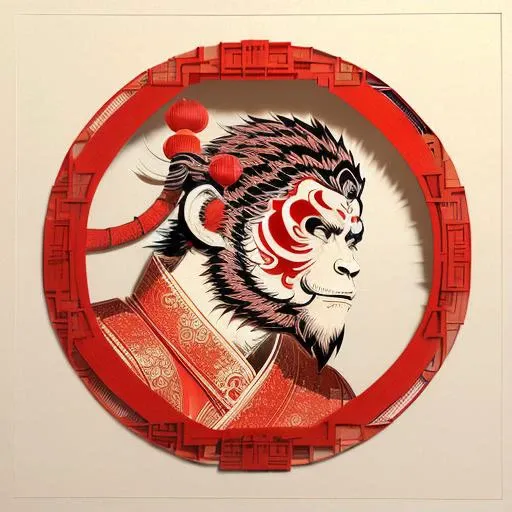 (((masterpiece))), best quality,
((Chinese paper-cut art of sunwukong)), ((Chinese paper-cut)), ((complicated paper-cut with many paper layers)), ((every paper layer with shadows)), (round red background paper), single color on each paper layer, front light,