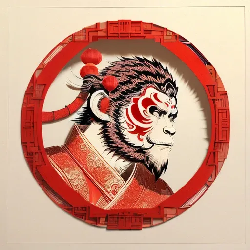 (((masterpiece))), best quality,
((Chinese paper-cut art of sunwukong)), ((Chinese paper-cut)), ((complicated paper-cut with many paper layers)), ((every paper layer with shadows)), (round red background paper), single color on each paper layer, front light,