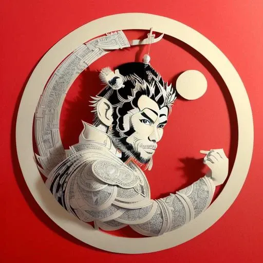 (((masterpiece))), best quality,
((Chinese paper-cut art of sunwukong)), ((Chinese paper-cut)), ((complicated paper-cut with many paper layers)), ((every paper layer with shadows)), (round red background paper), single color on each paper layer, front light, (((detailed handsome face)))