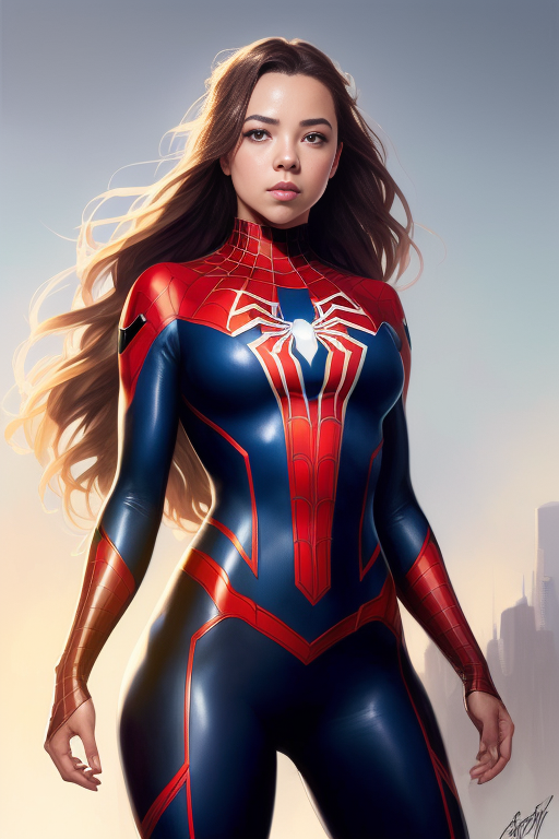 A woman in a spider - man suit standing in front of a city - SeaArt AI