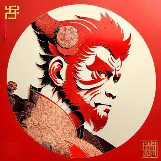 (((masterpiece))), best quality,
((Chinese paper-cut art of sunwukong)), ((Chinese paper-cut)), ((complicated paper-cut with many paper layers)), ((every paper layer with shadows)), (round red background paper), single color on each paper layer, front light, (((detailed handsome face)))