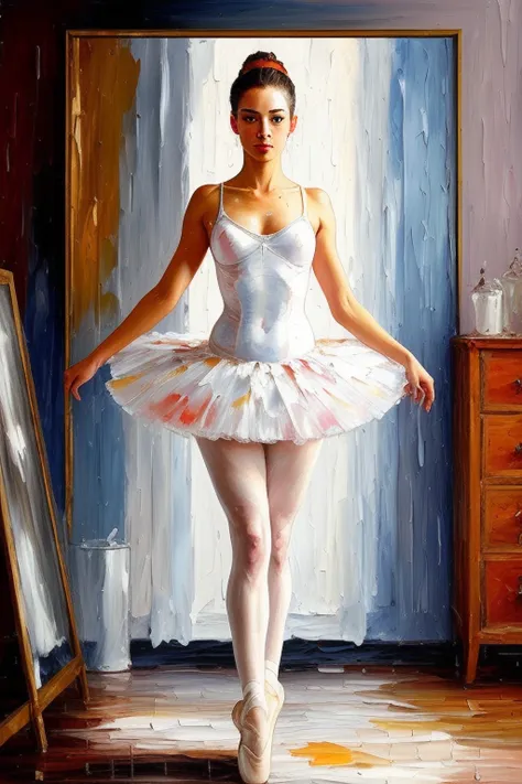 girl 20 years old, ballerina in a (ballet tutu:1.1), posing sexy, stands half-sided, (full length frame:1.2), wide angle, highly-detailed, dirty room, rain evening, skin texture, white dress, material cotton, atmospheric lights, god rays, smooth, ultradetailed, panties, highly detailed face, painted in impressionist style, brushstroke painting technique, palette knife painting, an expressive oil painting, painting in the style of Pierre Carrier-Belleuse, large strokes