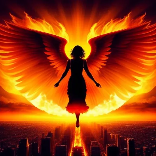 Beautiful art, album art, A medium shot of an angel rising into the sky over a burning city, dramatic lighting, sharp, details, flames, fire, burning buildings