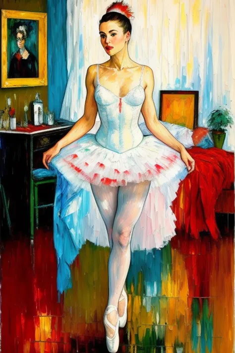 girl 20 years old, ballerina in a (ballet tutu:1.1), posing sexy, stands half-sided, (full length frame:1.2), wide angle, highly-detailed, dirty room, rain evening, skin texture, white dress, material cotton, atmospheric lights, god rays, smooth, ultradetailed, panties, highly detailed face, painted in impressionist style, brushstroke painting technique, palette knife painting, an expressive oil painting, painting in the style of Henri de Toulouse-Lautrec, large strokes