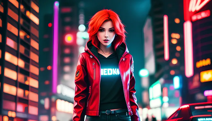 redhead girl in a red jacket with a hood, after the rain, cyberpunk night city, neon light, cyberpunk 2077 style