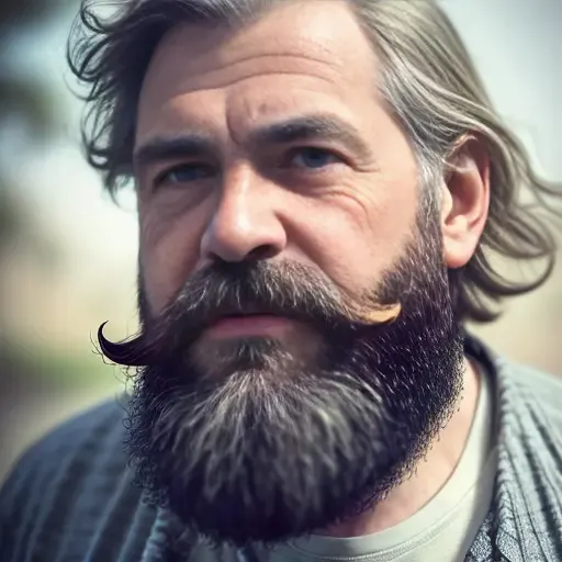 1boy, beard, blurry, blurry_background, blurry_foreground, depth_of_field, facial_hair, male_focus, manly, motion_blur, mustache, old_man, solo, upper_body, fantasy background, portrait, (outdoor)