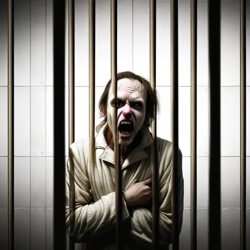 a crazy man in a straitjacket in a room with soft walls looks at the bars
